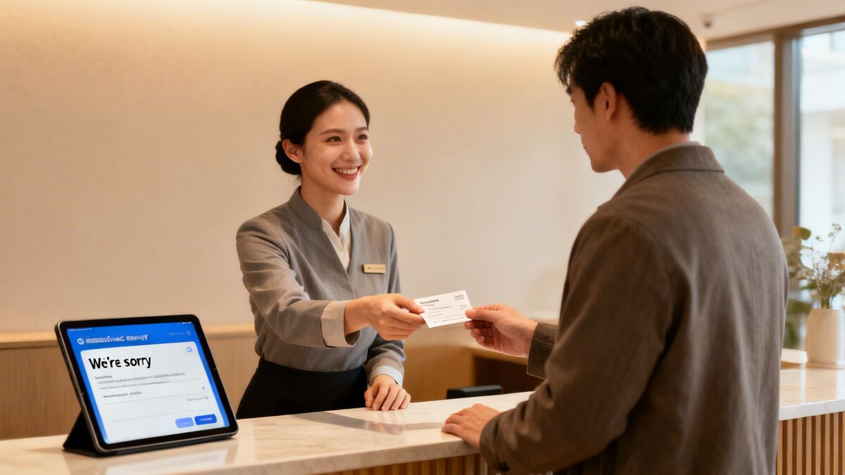 A smiling hotel receptionist hands a key card to a male guest at the reception desk.