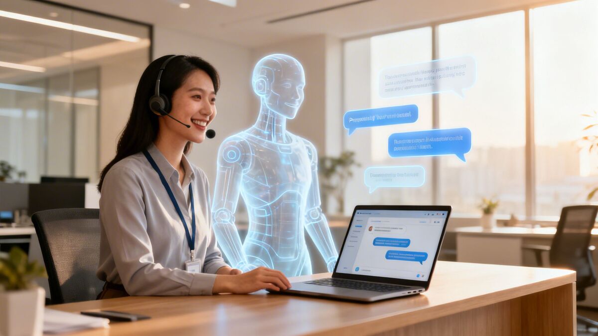 Smiling woman with headset and laptop working with a holographic AI robot in customer service.