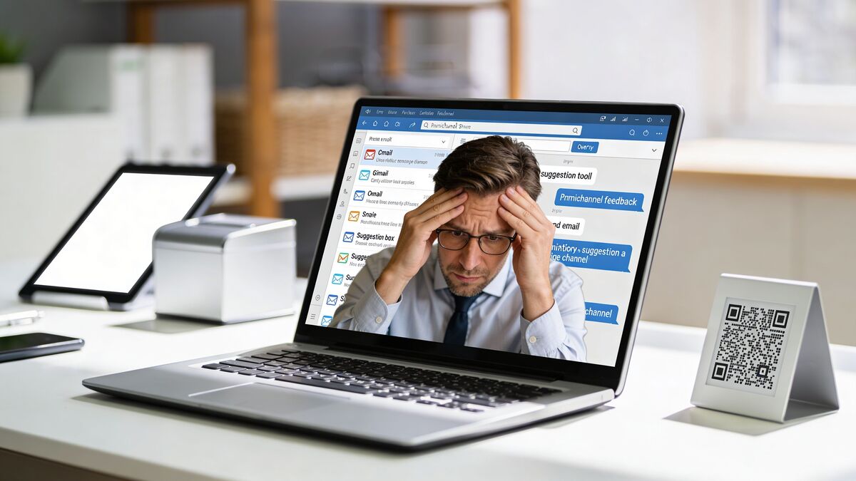A stressed businessman looking at feedback collection channels and emails on his laptop screen in an office.