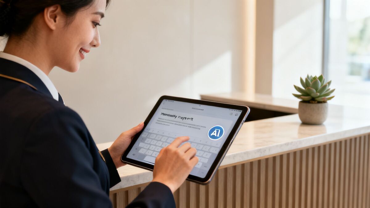 Smiling professional uses a tablet with an AI feature to assist customers in a modern setting.