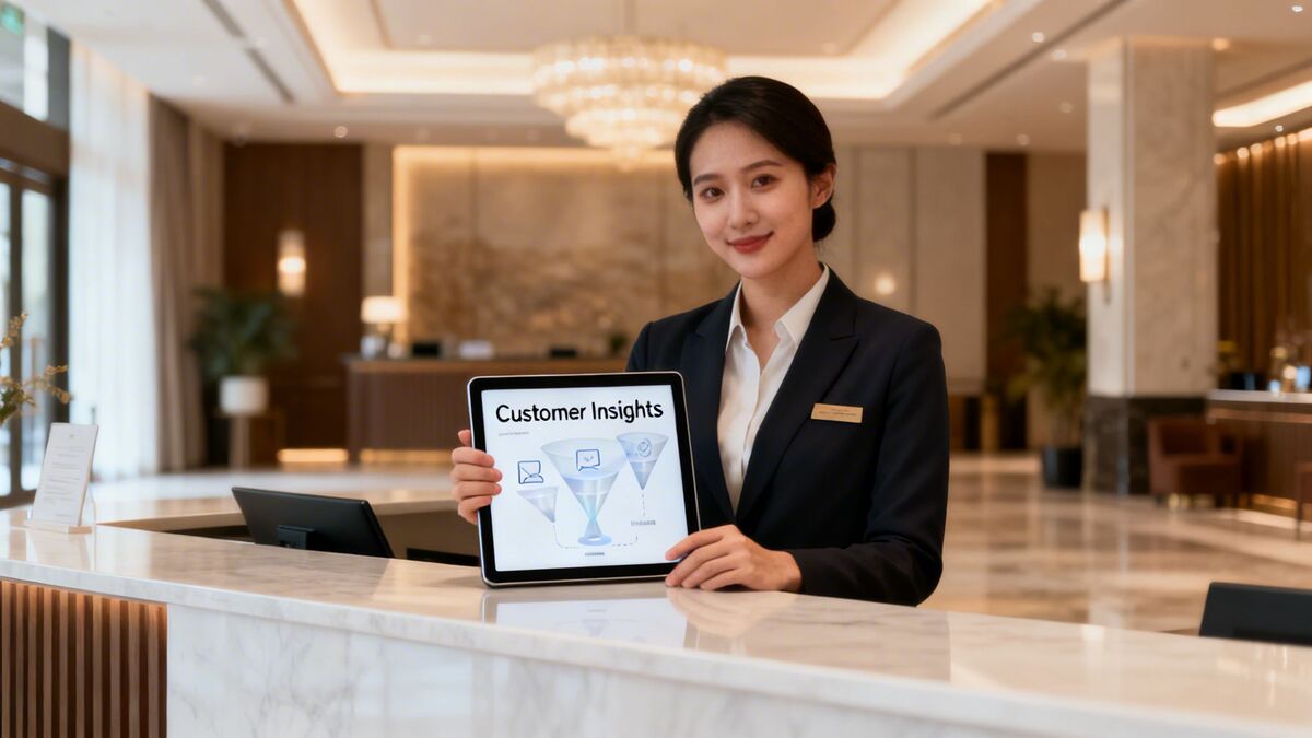 Smiling hotel receptionist holds a tablet displaying a 'Customer Insights' diagram in a modern lobby.