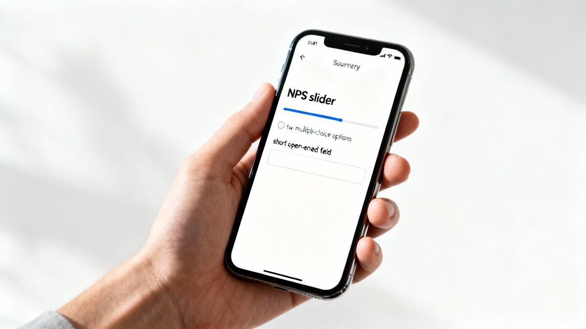 A hand holds a smartphone displaying an NPS survey screen with a slider and text input field.
