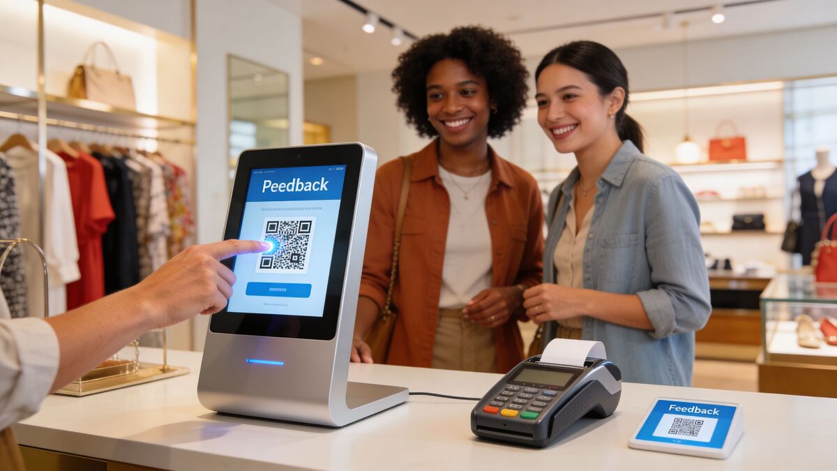 A customer interacts with a digital touchscreen kiosk for feedback collection in a clothing store retail environment.