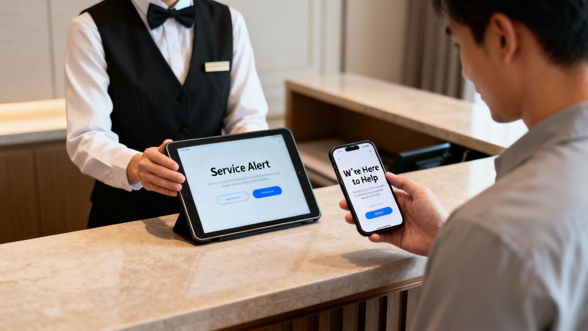 Service staff shows 'Service Alert' on a tablet to a customer viewing 'We're Here to Help' on their smartphone.