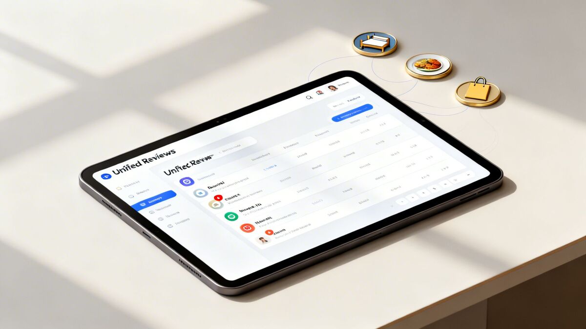 A tablet displaying a 'Unified Reviews' platform, connected to icons for hotel, food, and shopping services.