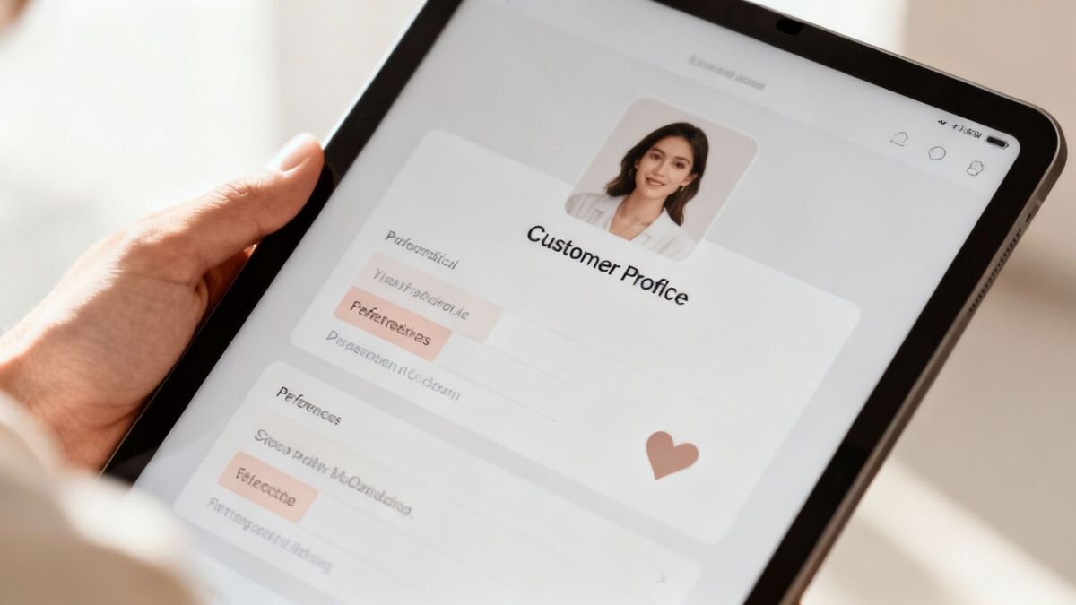 Woman holding tablet displaying customer profile interface with personalized preferences and menu options