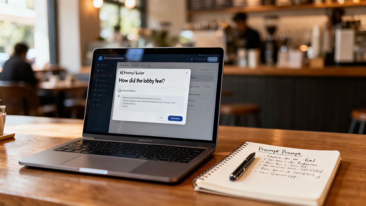 Laptop displaying an AI prompt about customer feedback on lobby feel, next to a notebook in a cafe setting.
