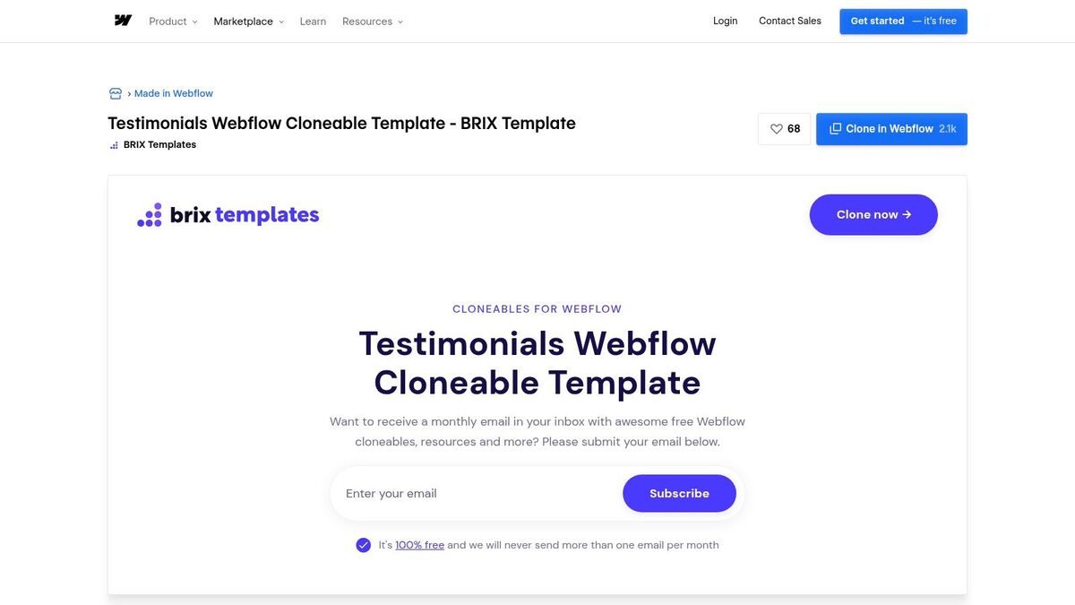 A screenshot of the Webflow Made in Webflow library showing a cloneable testimonial section template with a modern grid layout.