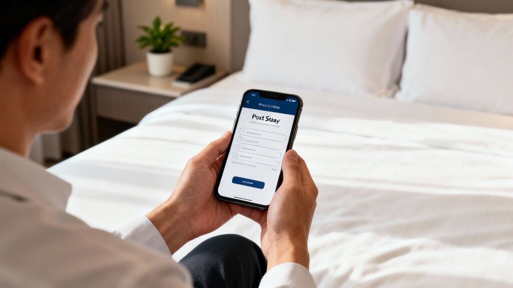 Man using a smartphone app to provide post-stay feedback on a hotel questionnaire.