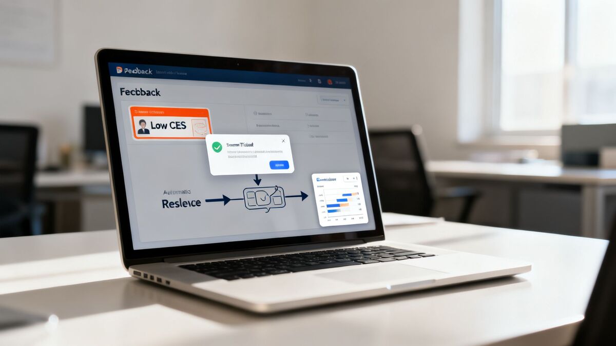 A laptop displays a customer feedback dashboard with a 'Low CES' alert and a success popup.