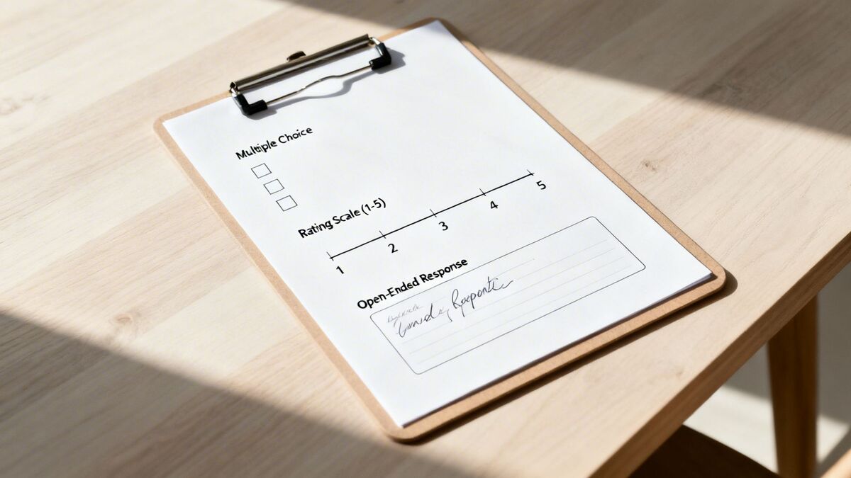 A survey form on a clipboard, showing multiple choice, rating scale, and open-ended questions on a wooden table.