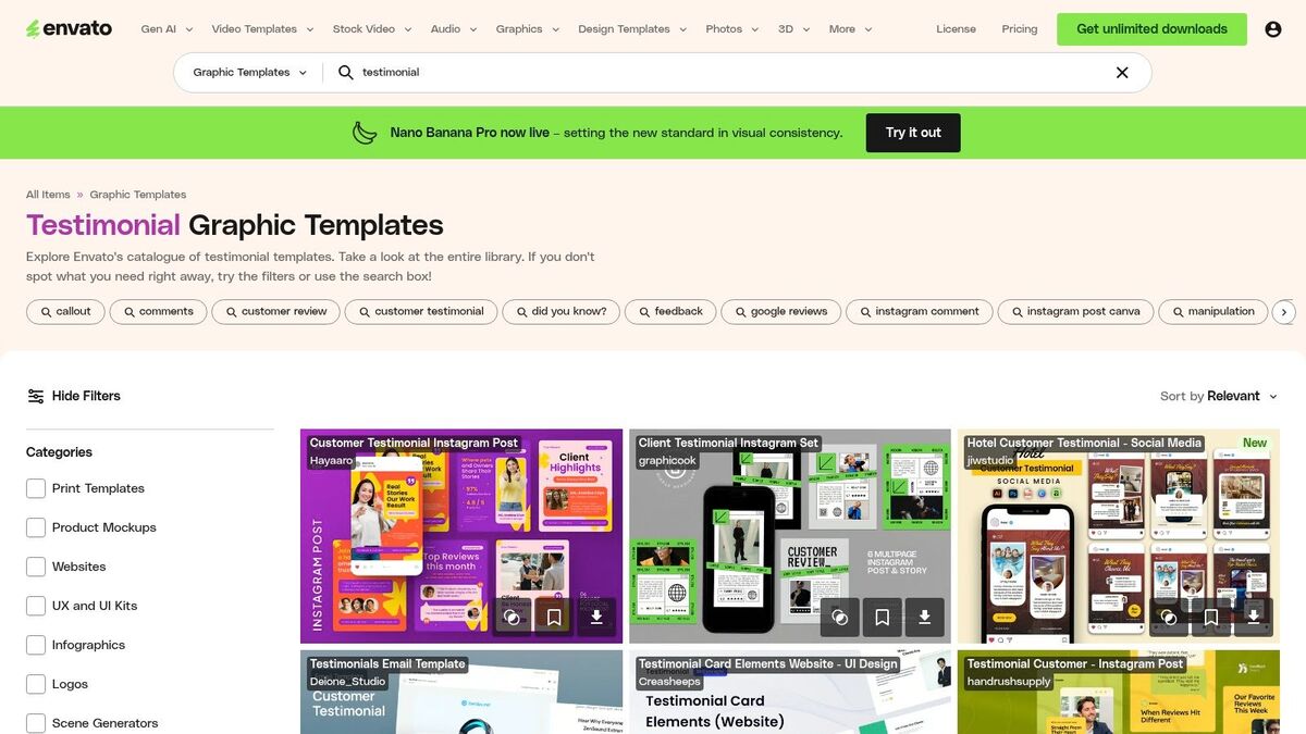 A screenshot of the Envato Elements website showing a variety of graphic templates for testimonials, including different layouts for web and social media.