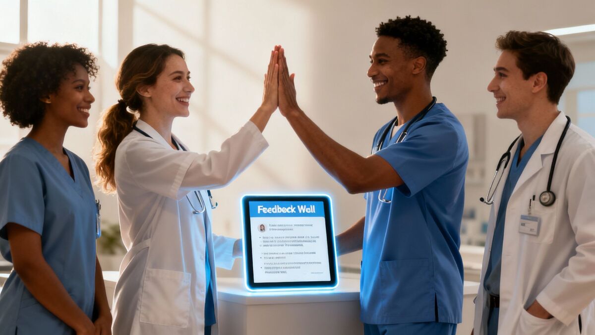A smiling medical team stands together, representing a positive patient-centric culture.