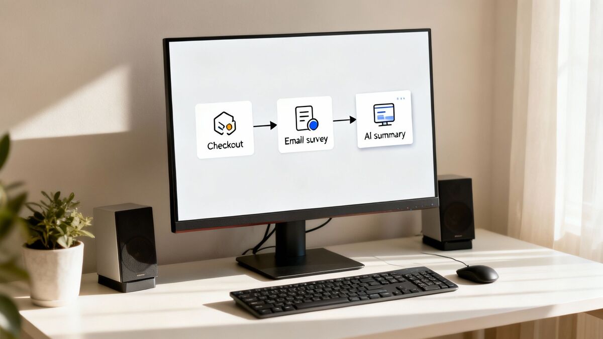 A desk setup with a computer monitor displaying a workflow diagram: Checkout, Email Survey, AI summary.