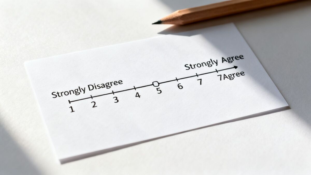 A paper displays a Likert scale from Strongly Disagree to Strongly Agree, with '5' circled.