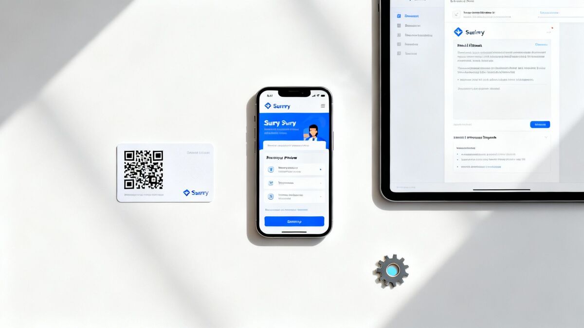 Digital interface of a smartphone and tablet displaying the Surry app, alongside a QR code card and a gear.