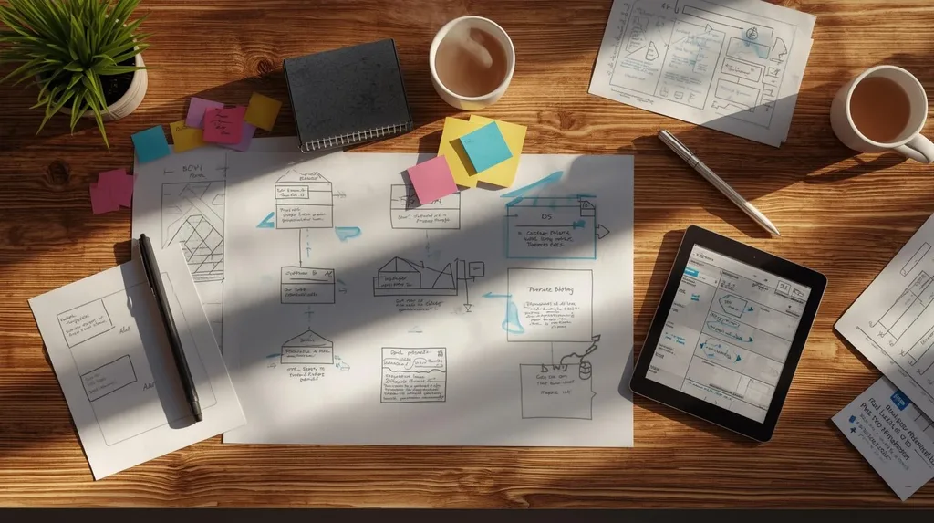 Desk with AI customer journey maps, notes, and tablet showing workflow diagrams