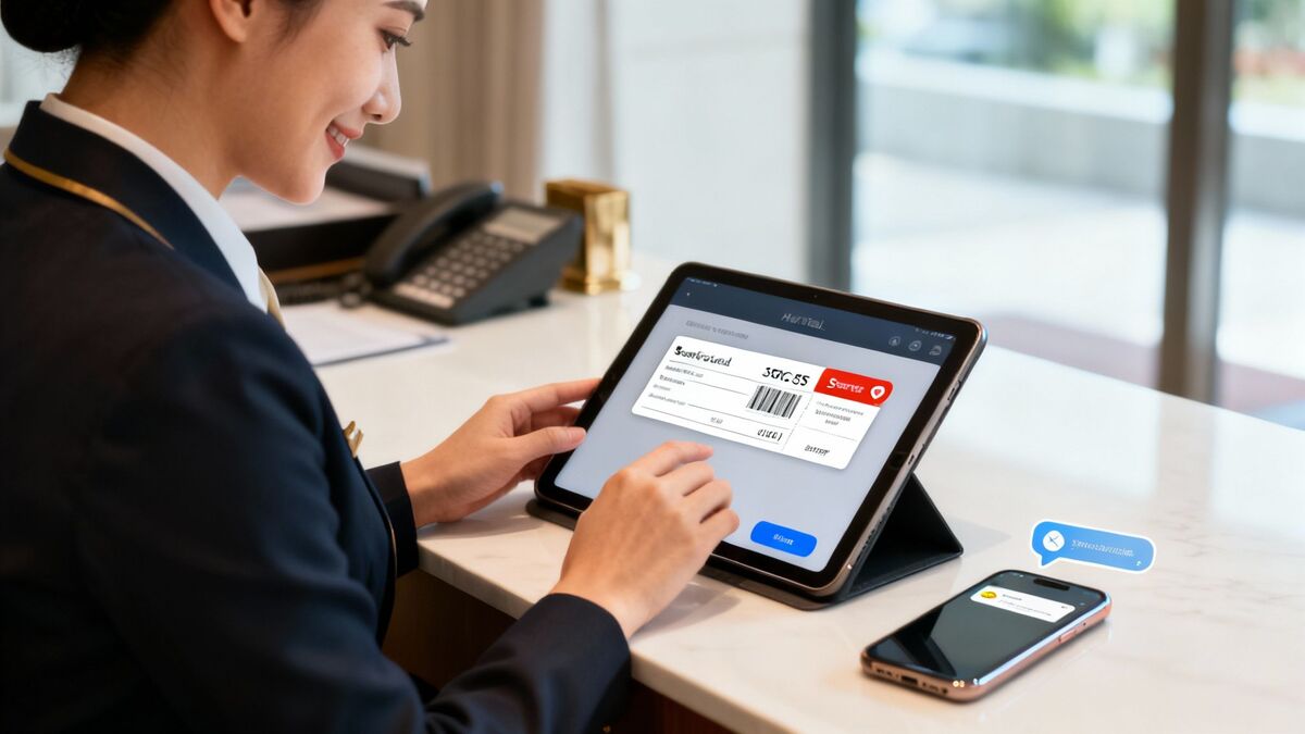 A smiling hotel employee uses a digital tablet to manage customer feedback and bookings, with a smartphone nearby.