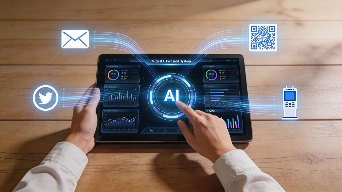 A person uses a tablet displaying an AI interface with digital icons for data and feedback collection.