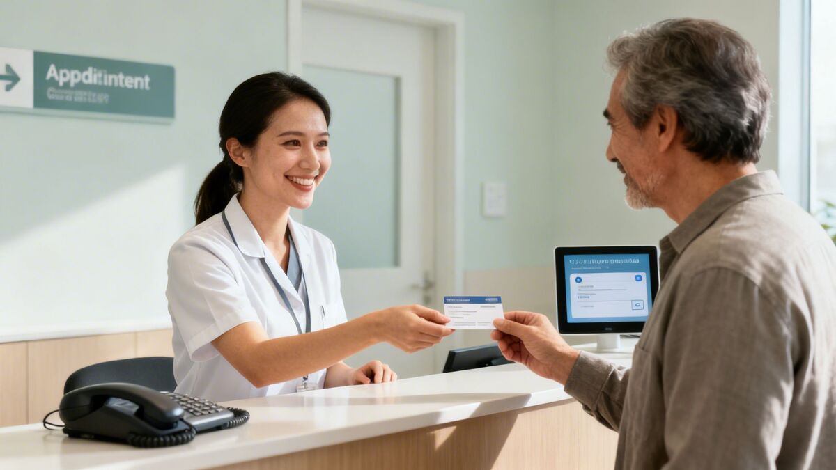 A smiling healthcare professional hands a medical card to an older male patient at a clinic reception desk.