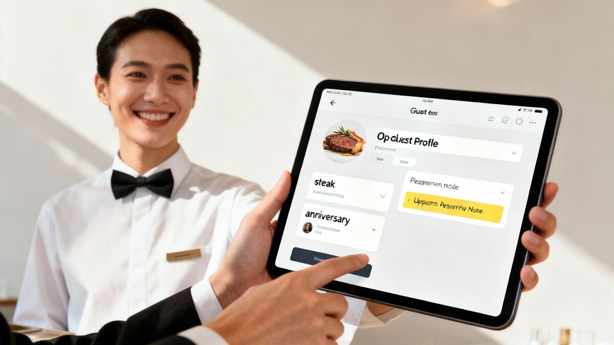 A hotel concierge warmly greets a returning guest by name, with a personalized welcome gift visible on the counter, showcasing a personalized experience.