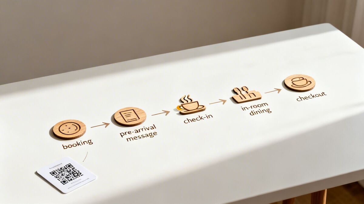 A series of wooden tokens on a white table illustrate a guest journey: booking, pre-arrival message, check-in, in-room dining, and checkout, with a QR code card.