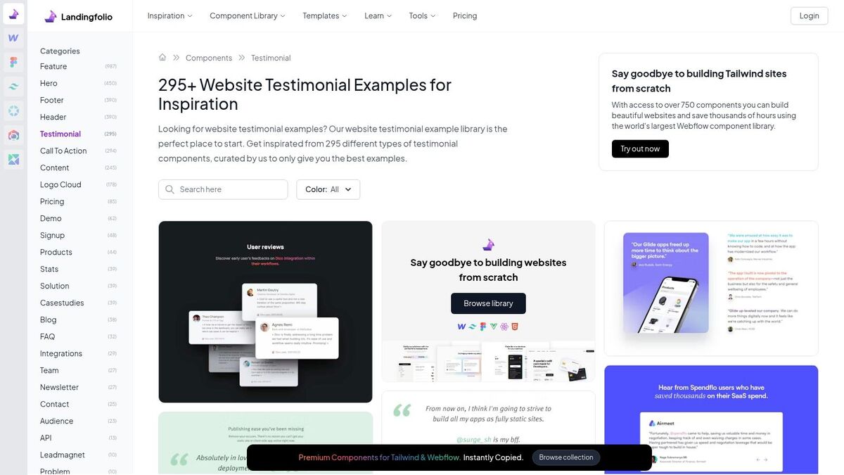 A screenshot of the Landingfolio website showcasing a grid of different testimonial section designs from various websites.