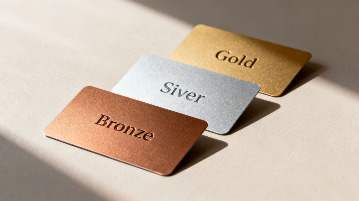 Three textured metallic cards representing bronze, silver, and gold tiers, arranged diagonally.