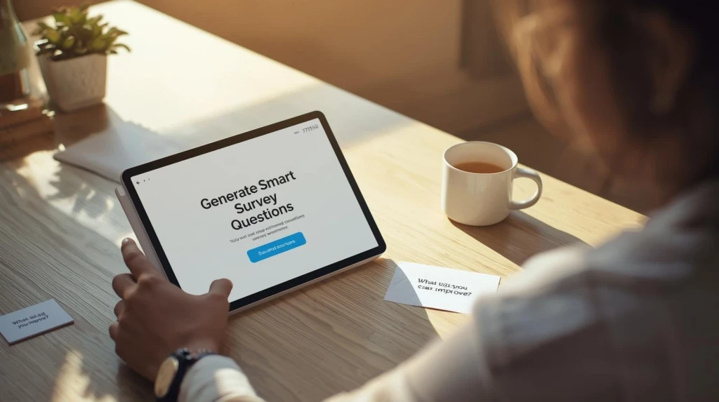 Person using tablet to generate smart AI survey questions at a bright workspace