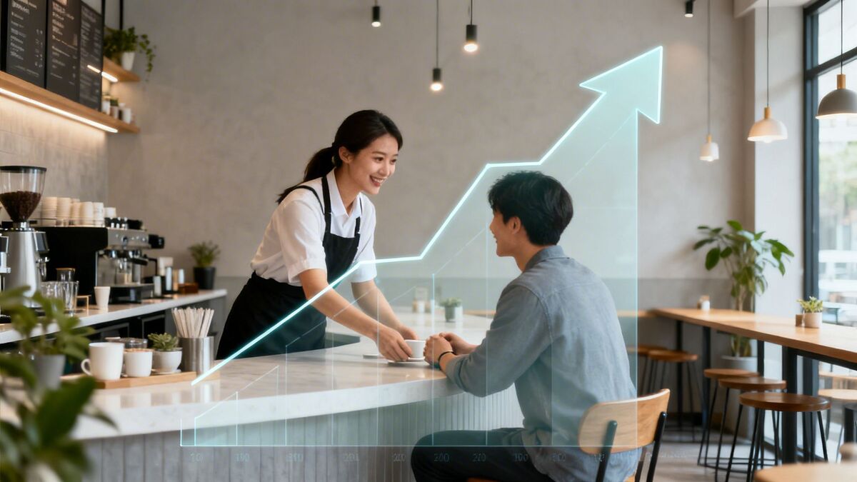 Smiling barista serves coffee to a happy customer in a modern cafe, with an overlaid upward graph.