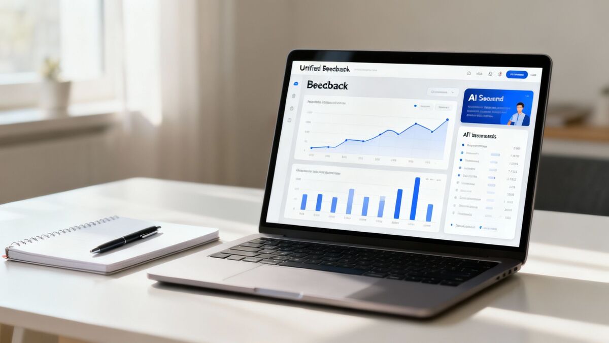 Laptop displaying Beecback analytics dashboard with customer satisfaction graphs and AI-powered feedback tools