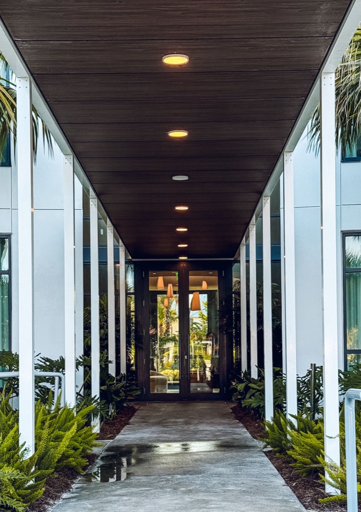 Welcoming modern hotel entrance walkway