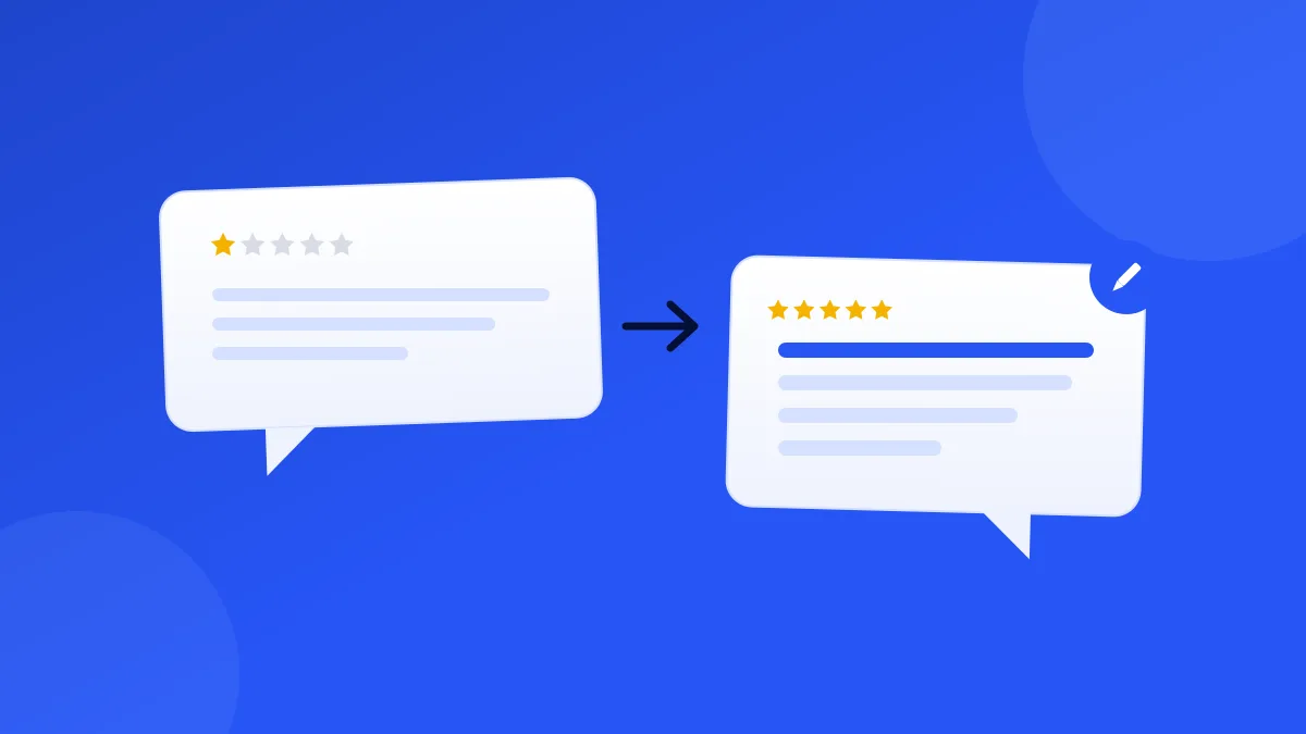 A one-star review bubble answered by a drafted reply